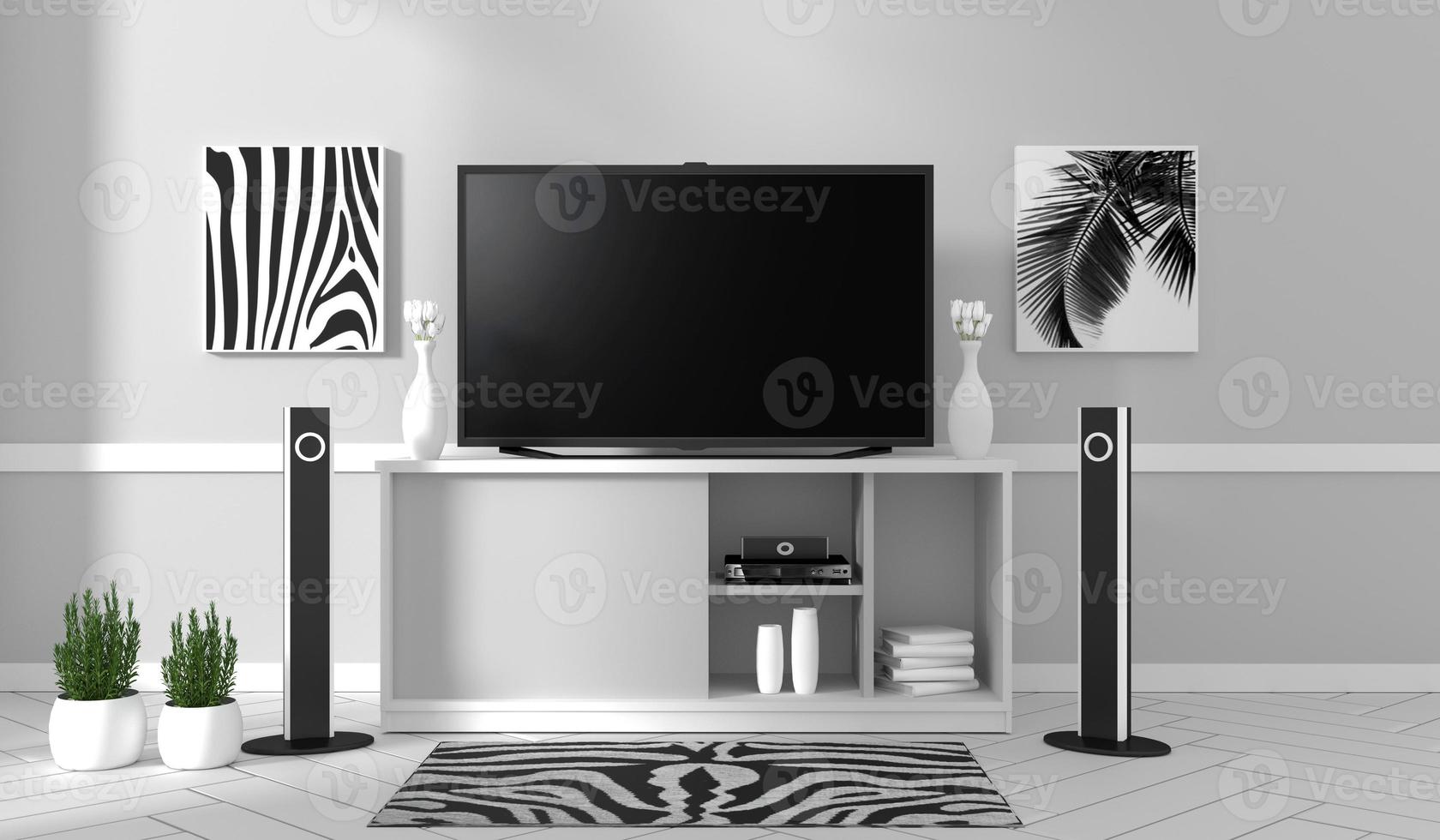 TV on cabinet in modern living room on white wall background,3d rendering photo