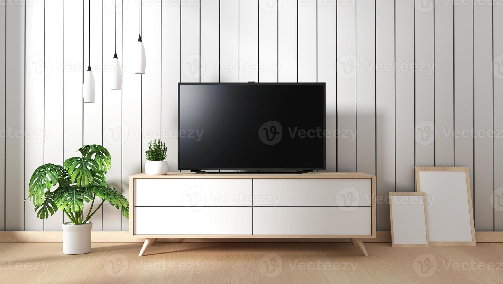 TV on cabinet in modern living room with fames lamp and plant on white wall background,3d rendering photo