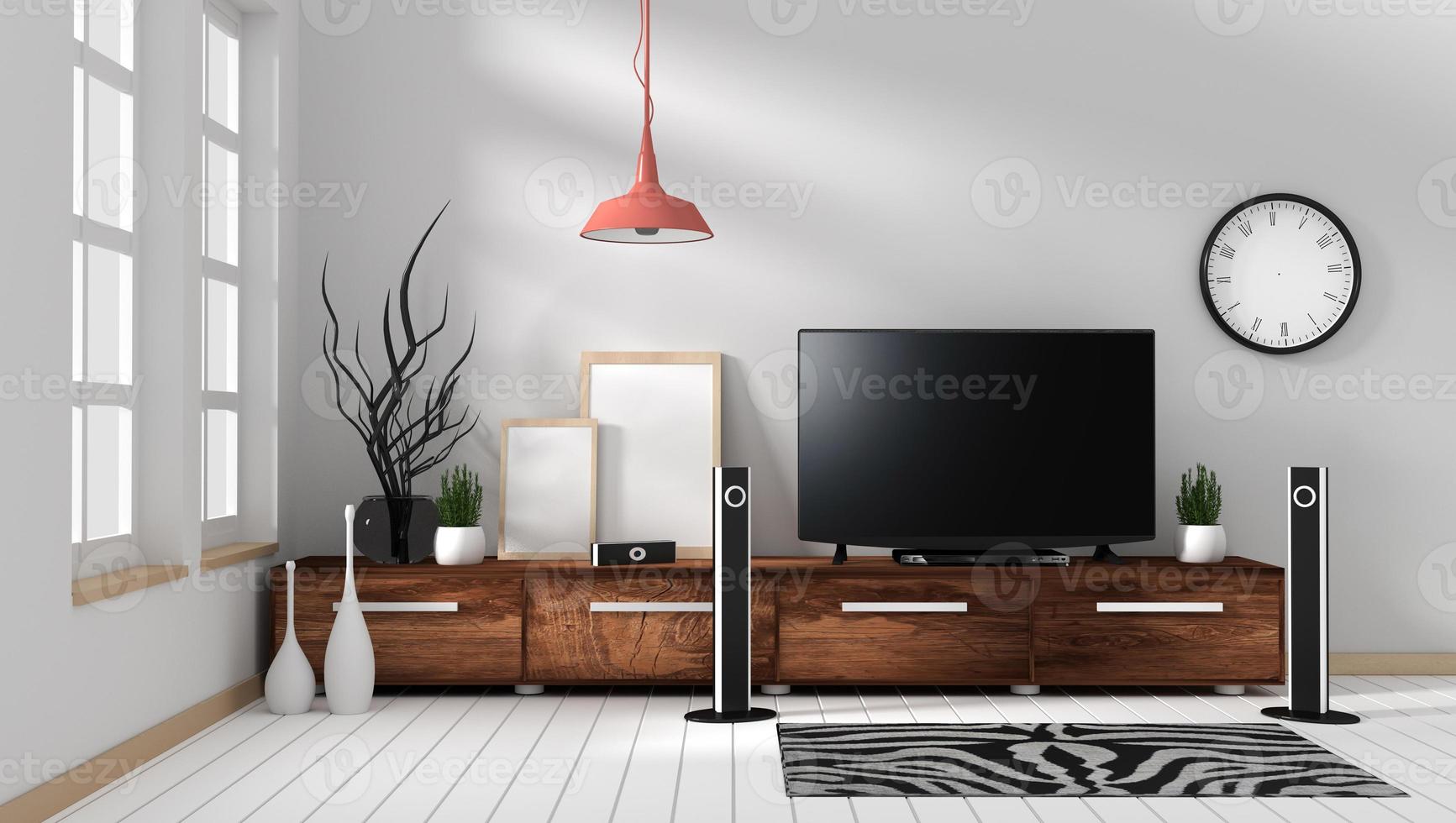 Smart Tv Mockup with blank black screen hanging on the wooden cabinet decor, modern living room zen style. 3d rendering photo