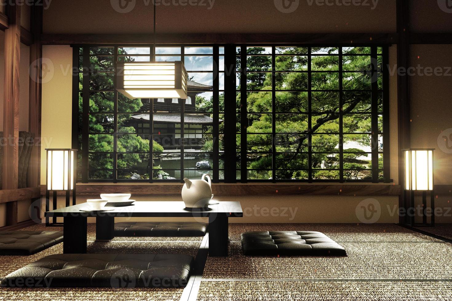interior design,modern living room with table,lamp,tatami floor, Japanese style, 3d rendering photo