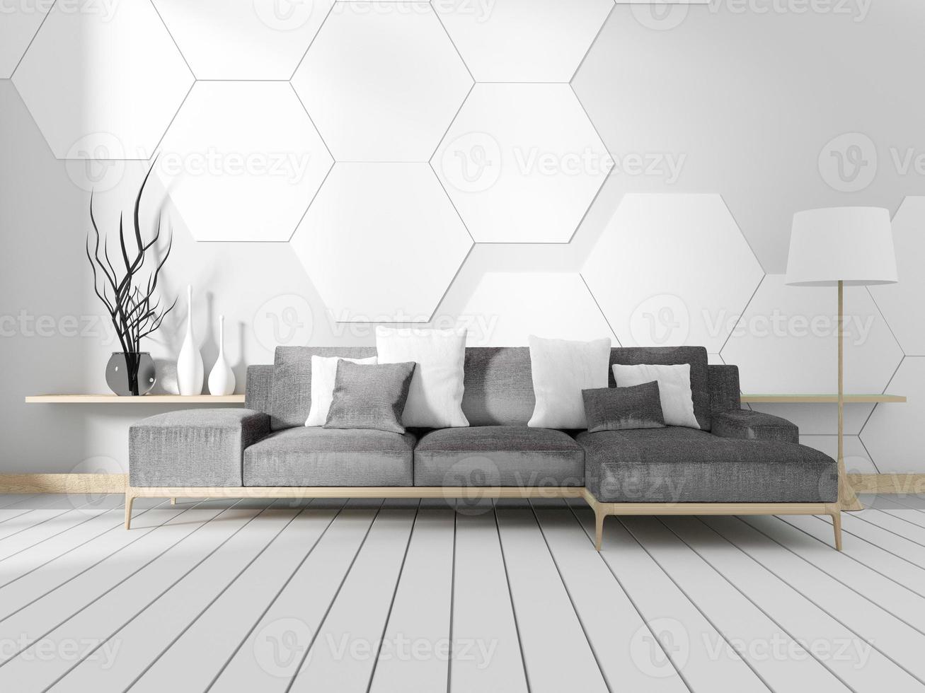 Room with sofa and white hexagonal tile wall. 3D rendering photo