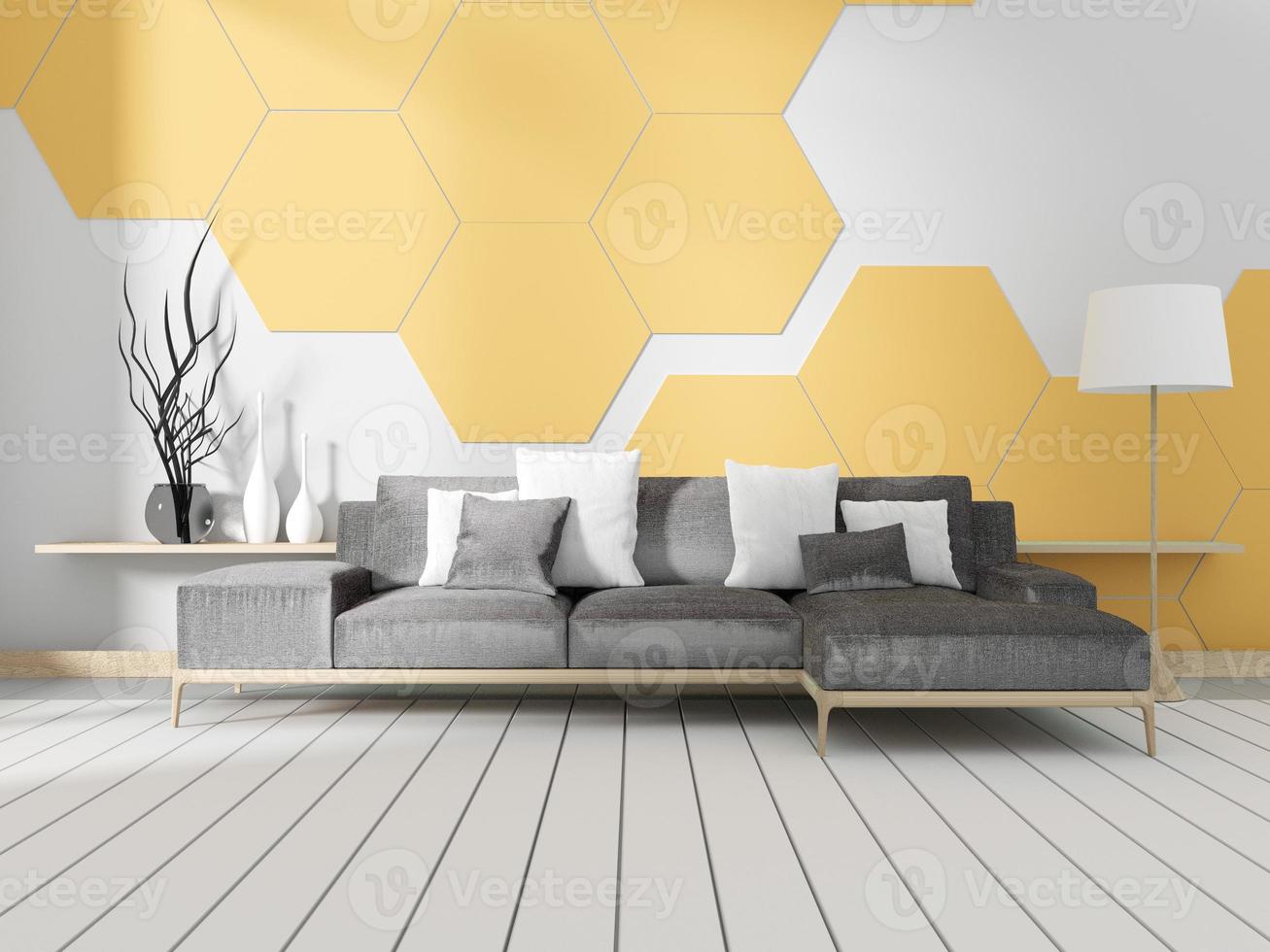 Room with sofa and white hexagonal tile wall. 3D rendering photo