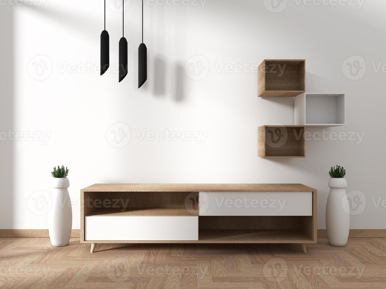 Tv cabinet in modern empty room Japanese - zen style,minimal designs. 3D rendering photo