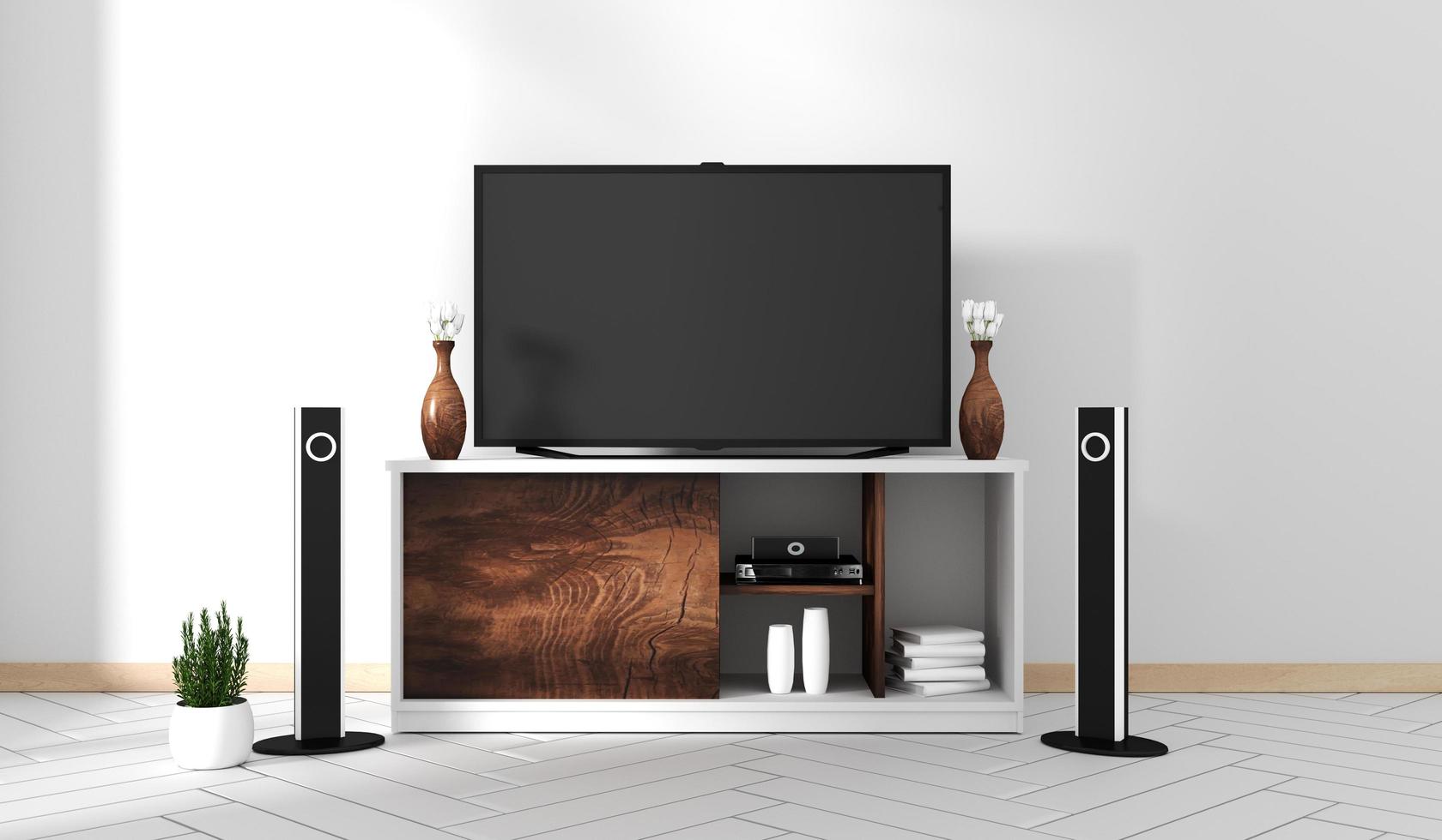 Smart Tv Mockup with blank black screen hanging on the cabinet decor, modern living room zen style. 3d rendering photo