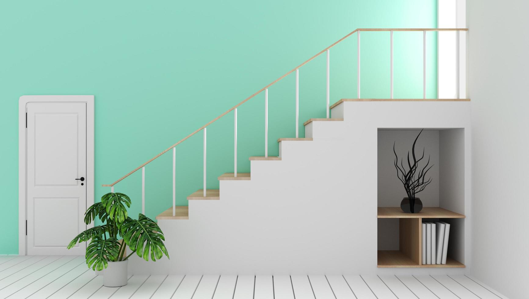 simulacro de habitación vacía de menta con escalera y decoración, estilo zen moderno. Representación 3d foto