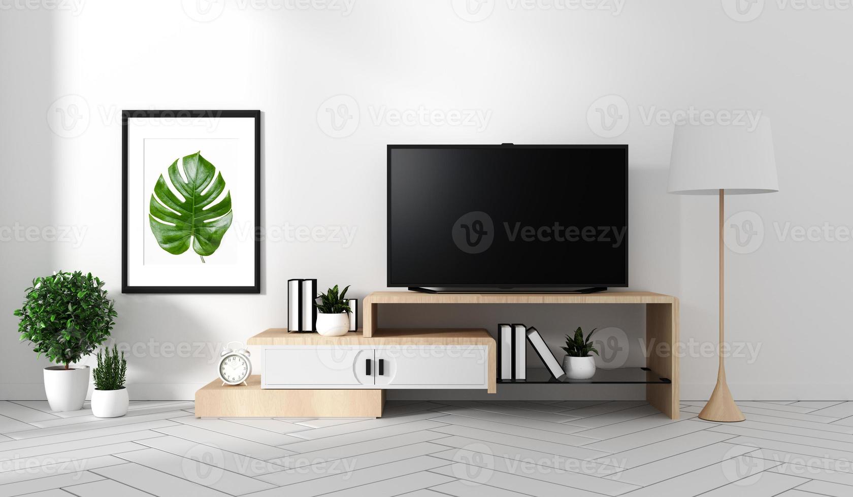 Maqueta de Smart TV con pantalla negra en blanco colgada en el gabinete y decoración de fama, estilo moderno de sala de estar zen. Representación 3d foto