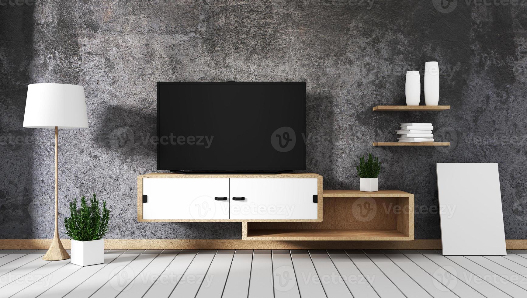 Smart TV led on concrete wall with wooden cabinet and plant in pot empty interior.3D rendering photo