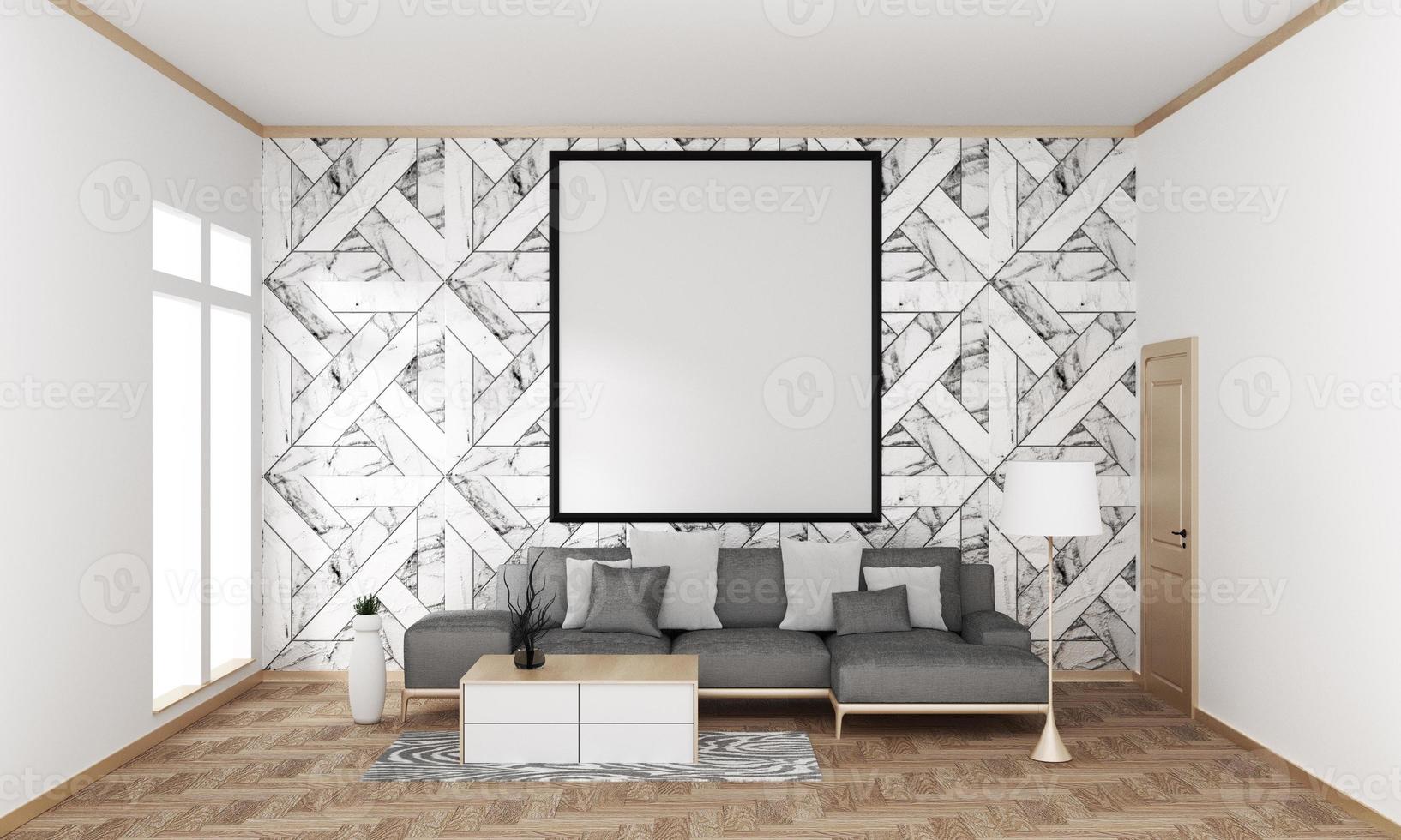 mock up poster frame in hipster interior Japanese modern living room granite tile wall on granite floor, 3D rendering photo