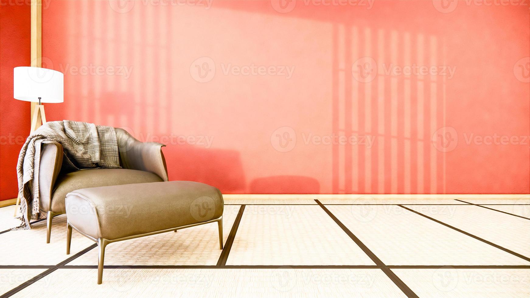 El diseño de interiores tiene un sillón en el diseño japonés de la habitación roja vacía, representación 3d foto
