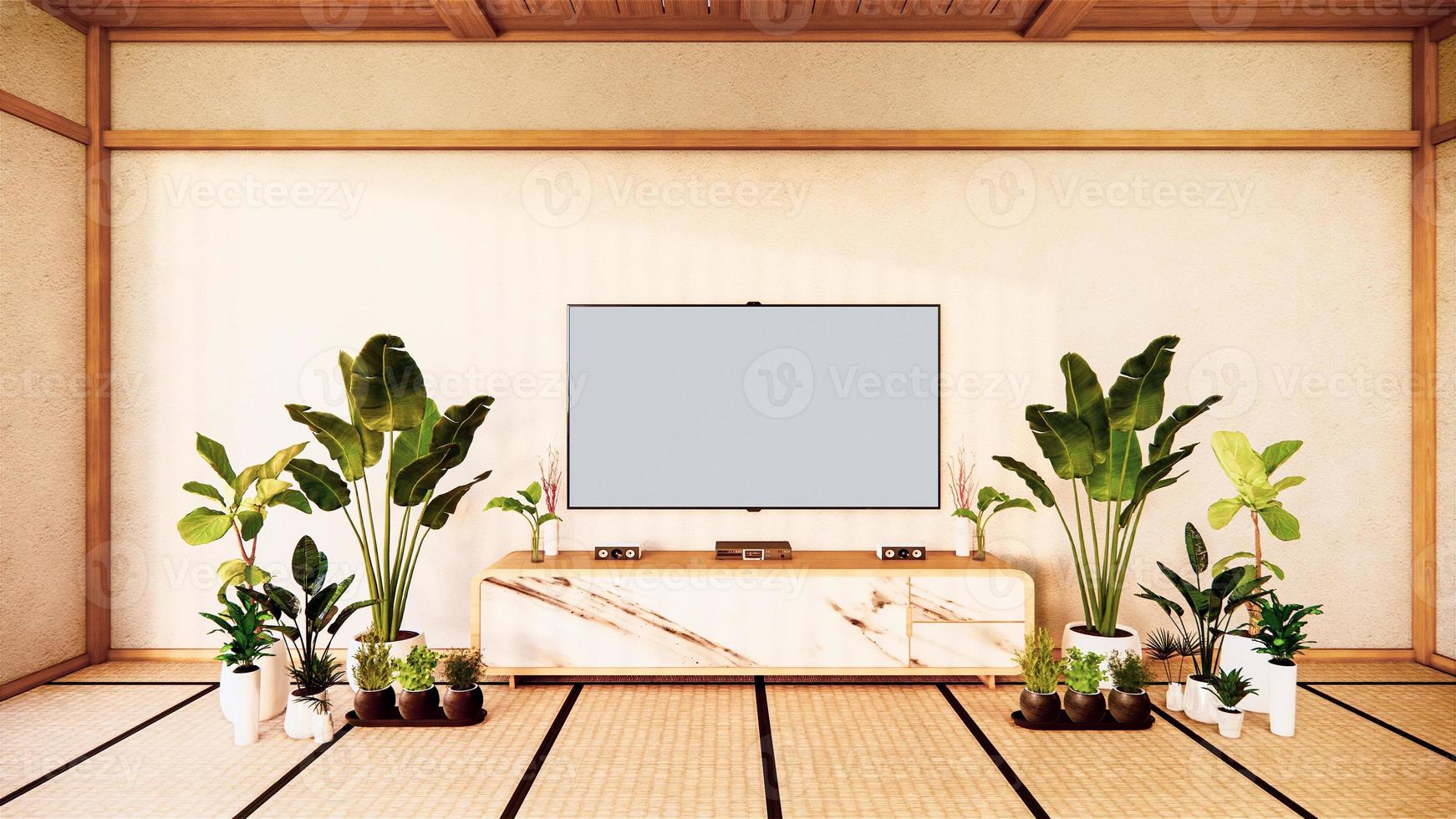 Mueble de televisión en la sala de estar japonesa sobre fondo de pared blanca, representación 3d foto