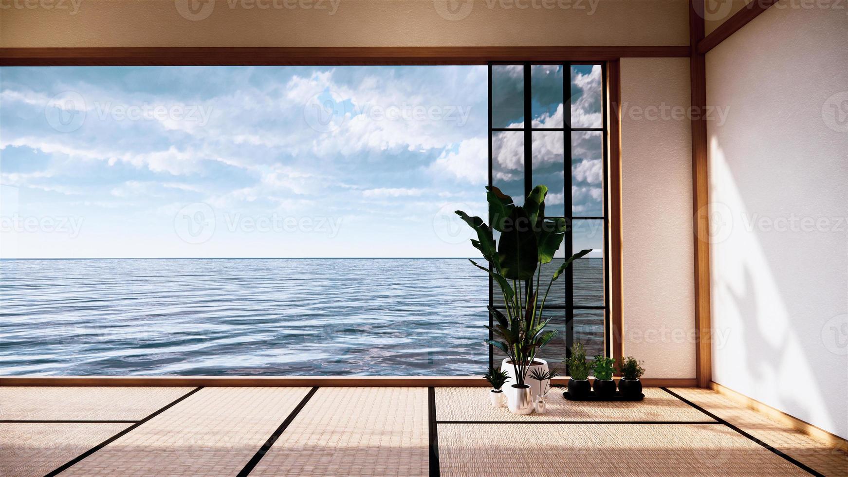 Japan room interior - Japanese style. 3D rendering in view sea.3D rendering photo