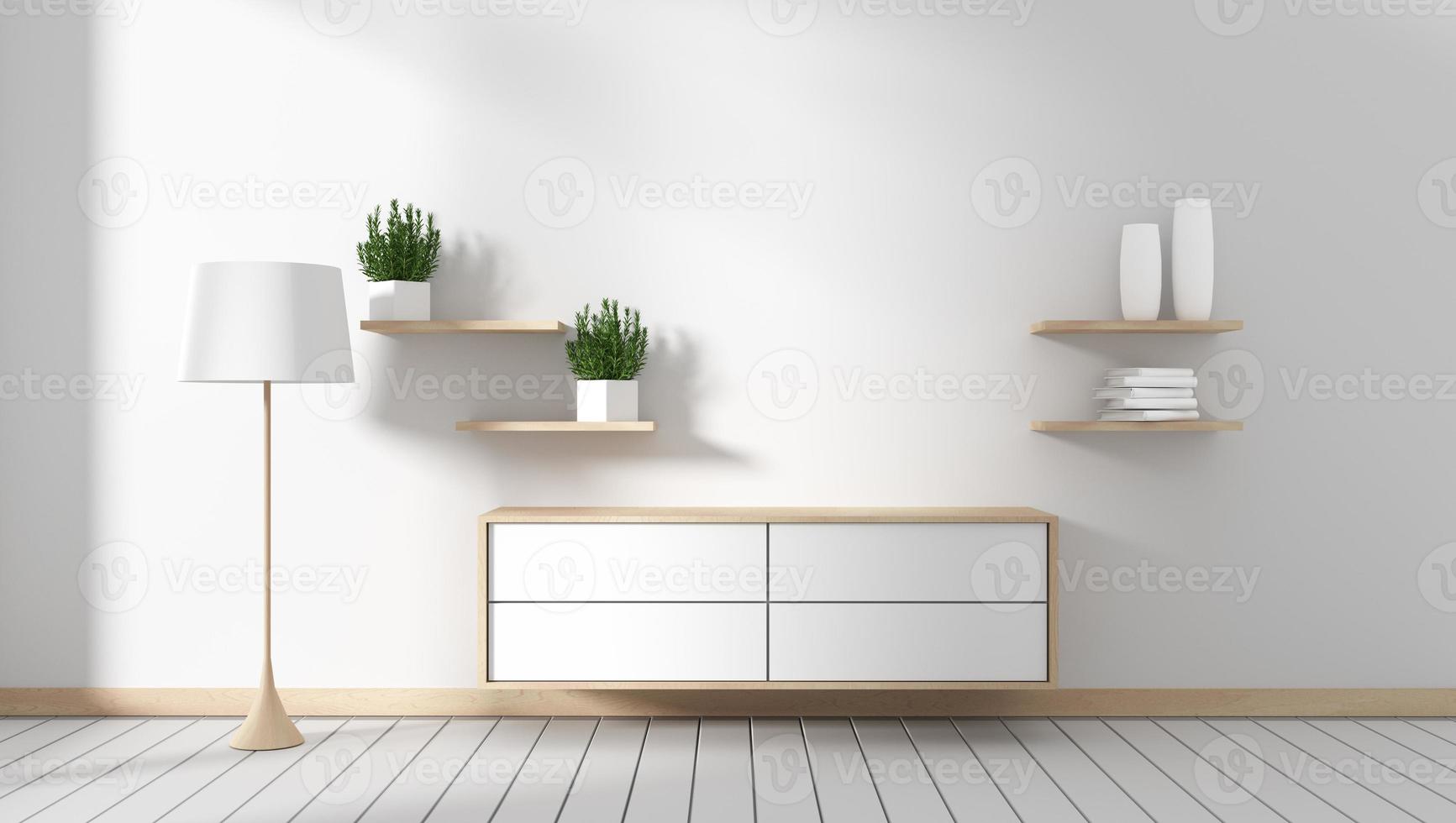 Mueble de tv en habitación vacía moderna japonesa - estilo zen, diseños minimalistas. Representación 3d foto