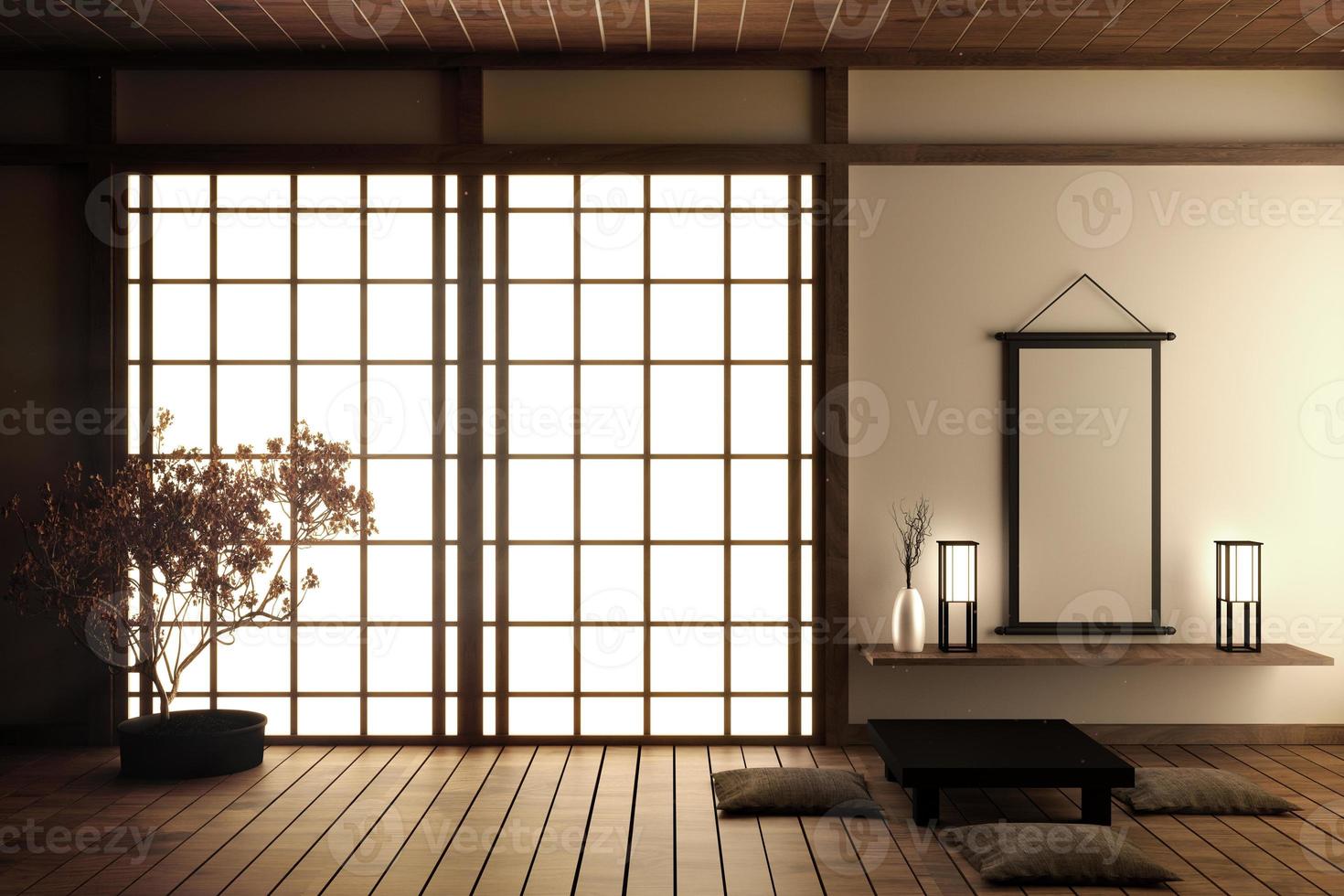 Japanese living room with wood floor and white wall with decoration