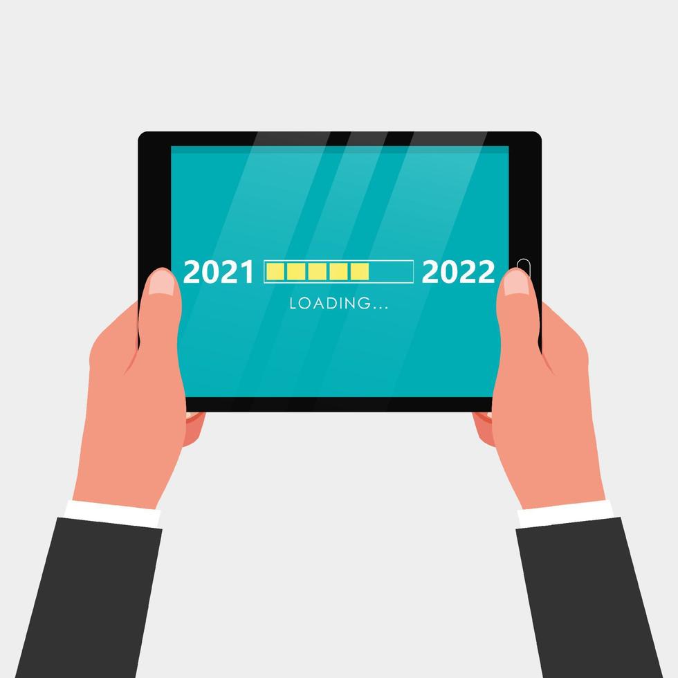 Loading new year 2021 to 2022 on tablet screen and progress bar. vector