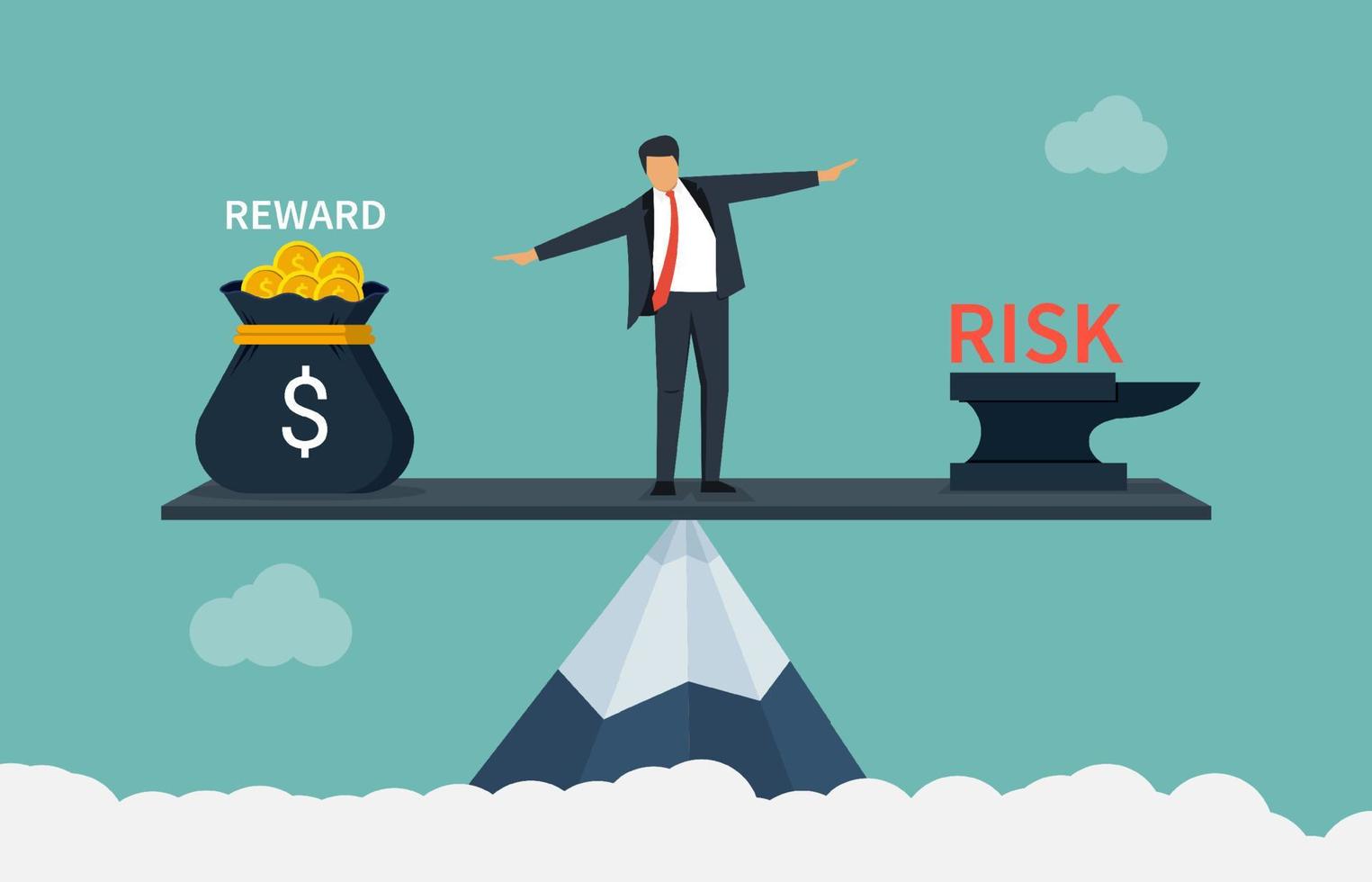 hombre de negocios equilibrio entre la recompensa y el concepto de negocio de riesgo en la cima de la montaña. vector