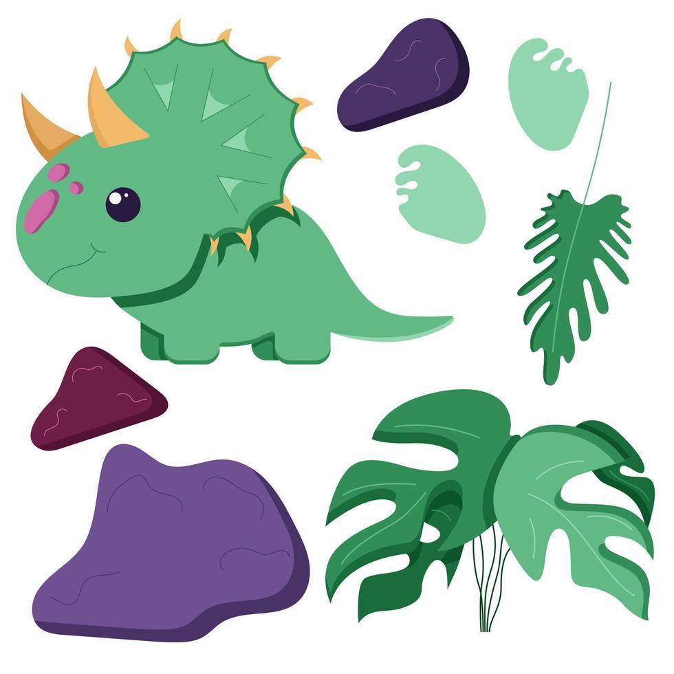 A set of cute dinosaur for decorating the nursery, Mesozoic era stickers for children, Tyrannosaurus, Pterodactyl, Stegosaurus, Brachiosaurus, and Diplodocus in a flat style, isolated on a white. vector