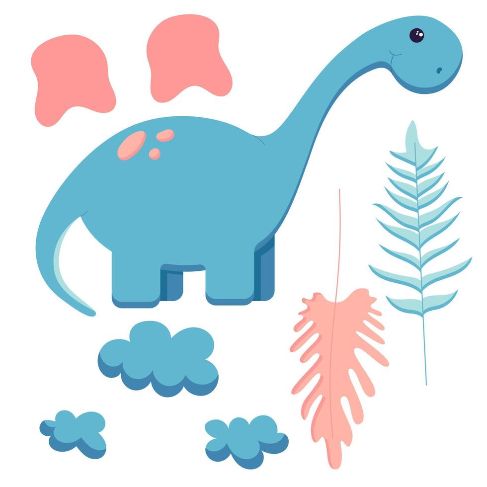 un conjunto de dinosaurio lindo para decorar la guardería, pegatinas de la era mesozoica para niños, tiranosaurio, pterodáctilo, estegosaurio, braquiosaurio y diplodocus en un estilo plano, aislado en un blanco. vector