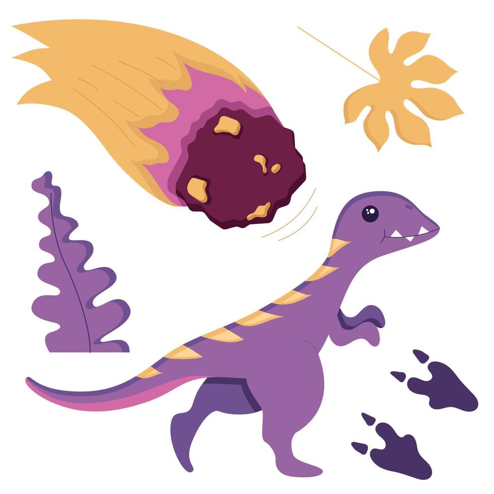 A set of cute dinosaur for decorating the nursery, Mesozoic era stickers for children, Tyrannosaurus, Pterodactyl, Stegosaurus, Brachiosaurus, and Diplodocus in a flat style, isolated on a white. vector