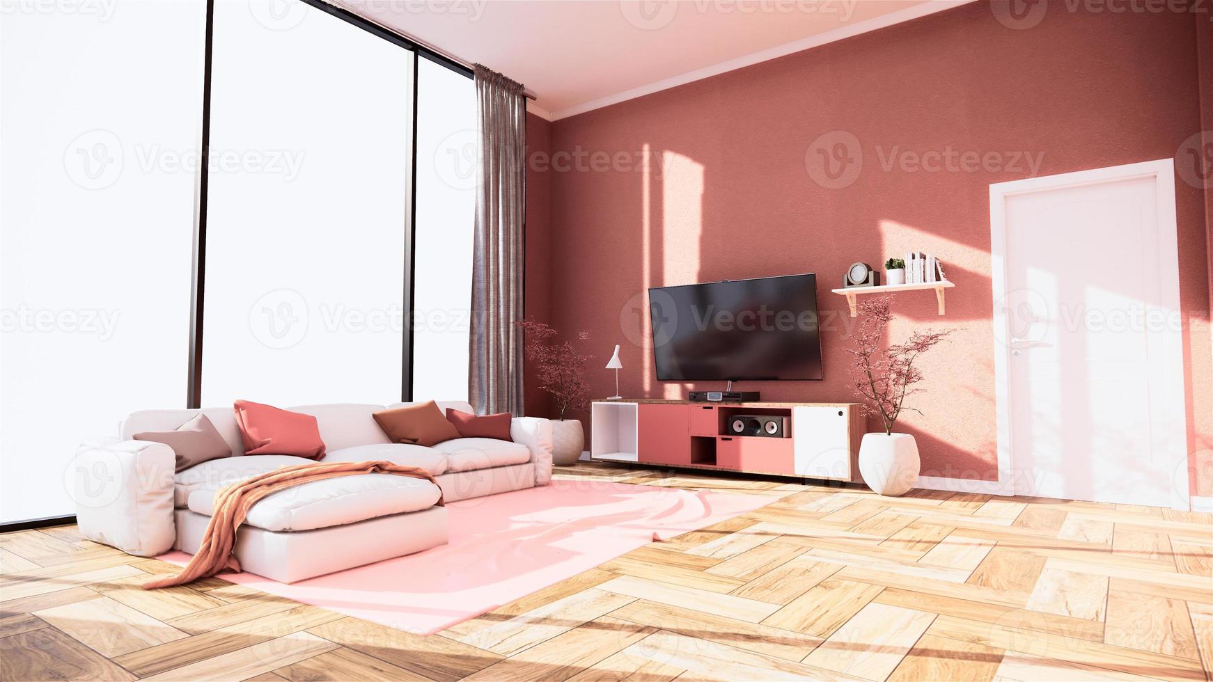 mueble de tv y pantalla interior japonés de sala de estar rosa sakura para editar. Representación 3d foto