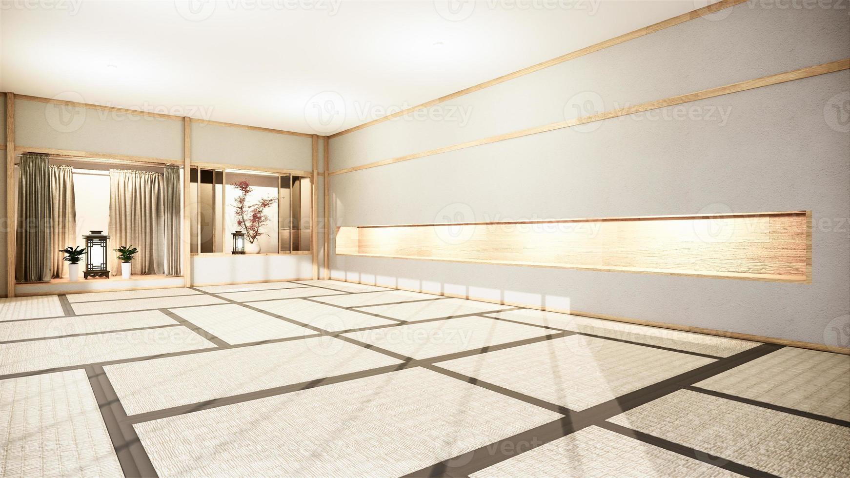 Fondo interior de la habitación nihon con pared de estante Diseño de estilo japonés Luz oculta Representación 3D foto