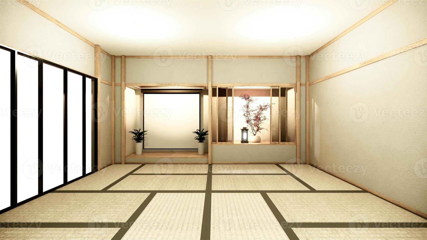 Fondo interior de la habitación nihon con pared de estante Diseño de estilo japonés Luz oculta Representación 3D foto