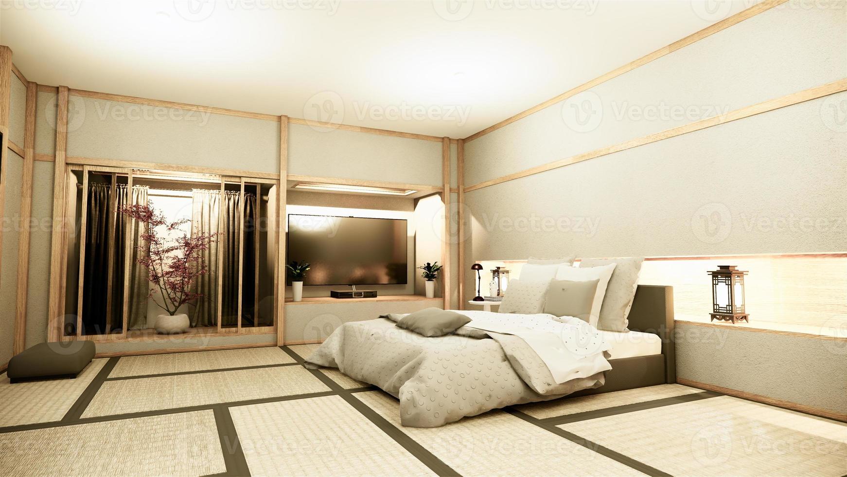 dormitorio tranquilo zen moderno. Dormitorio de estilo japonés con estante, diseño de pared, luz oculta y decoración, estilo nihon, representación 3D. foto