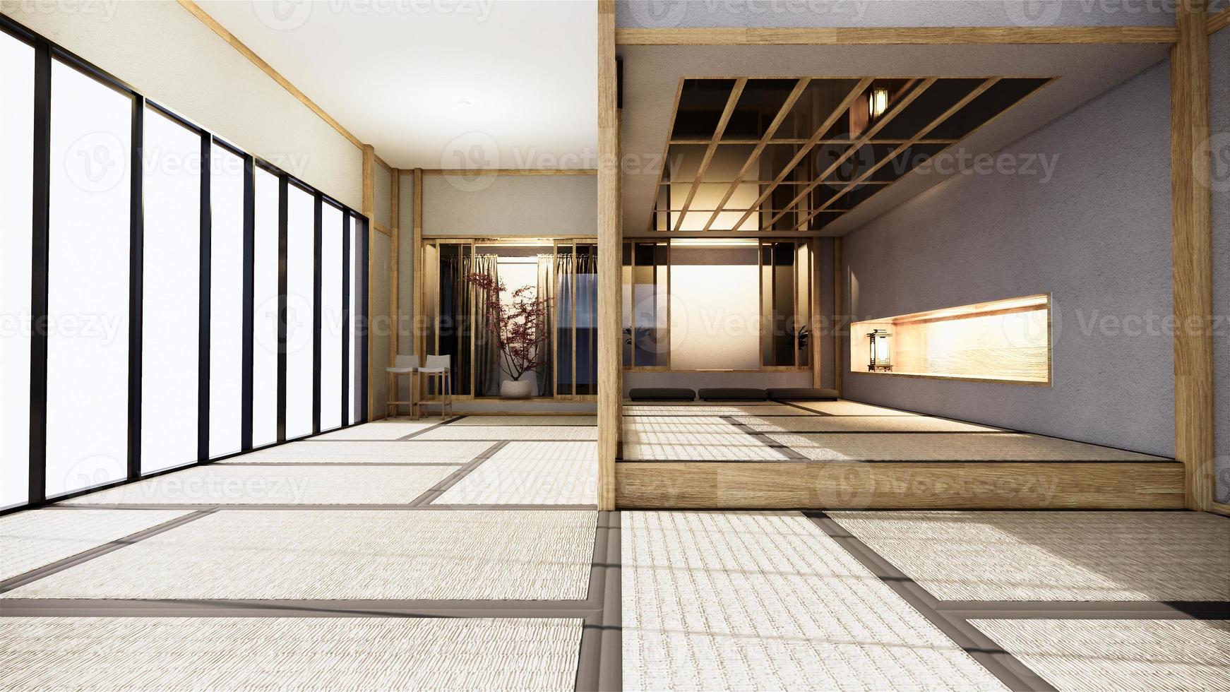 Nihon room design interior with door paper and cabinet shelf wall on tatami mat floor room japanese style. 3D rendering photo