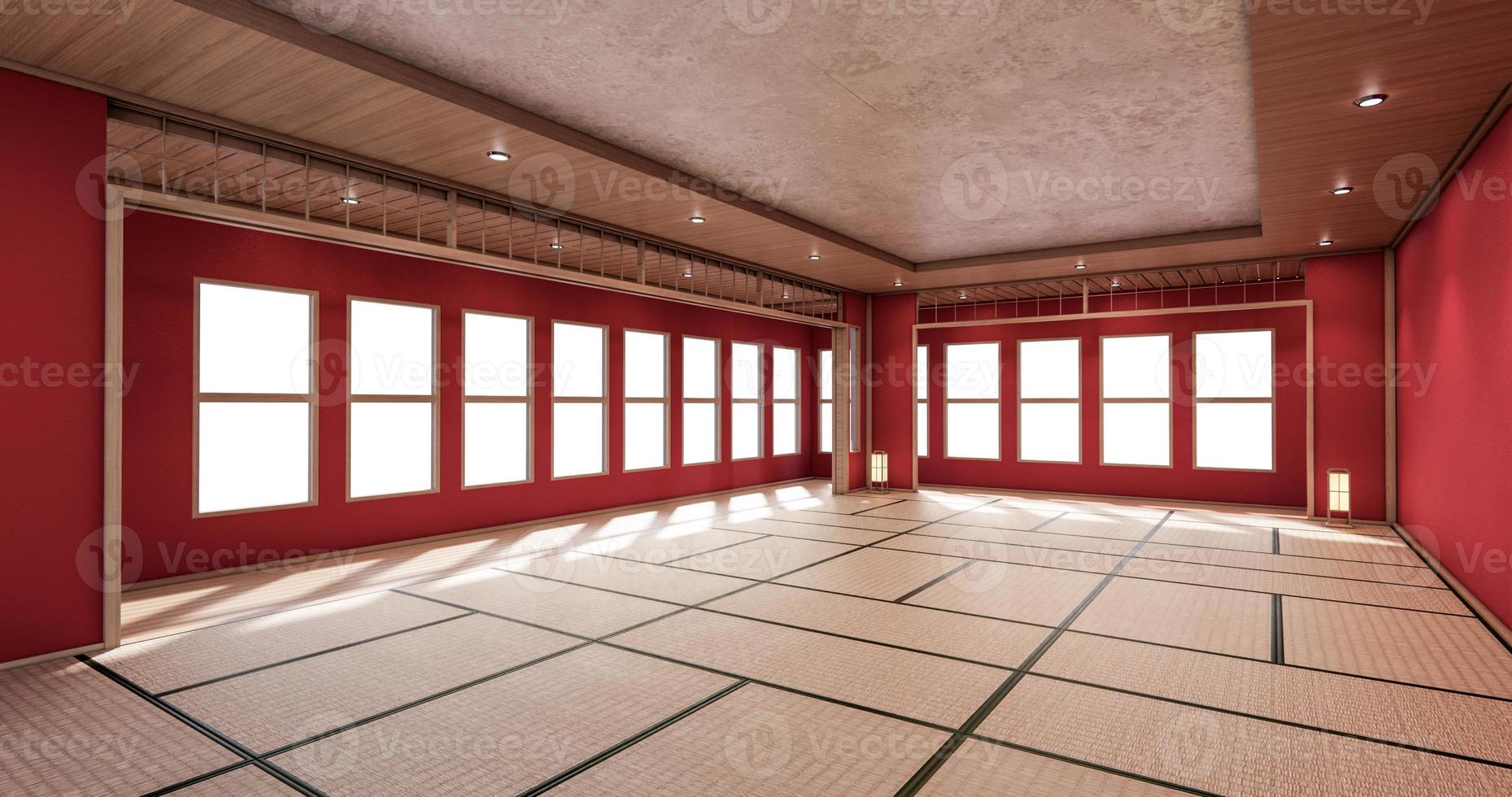 The interior color Red room inteior with tatami mat floor.3D rendering photo