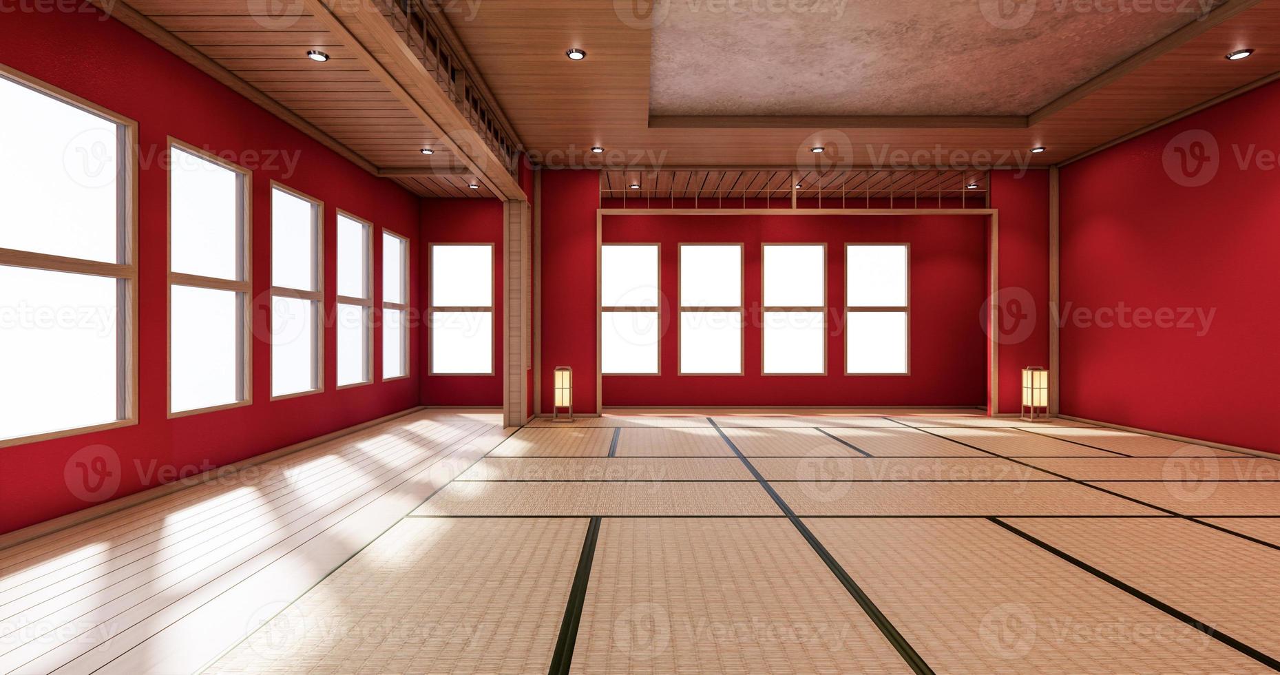 The interior color Red room inteior with tatami mat floor.3D rendering photo