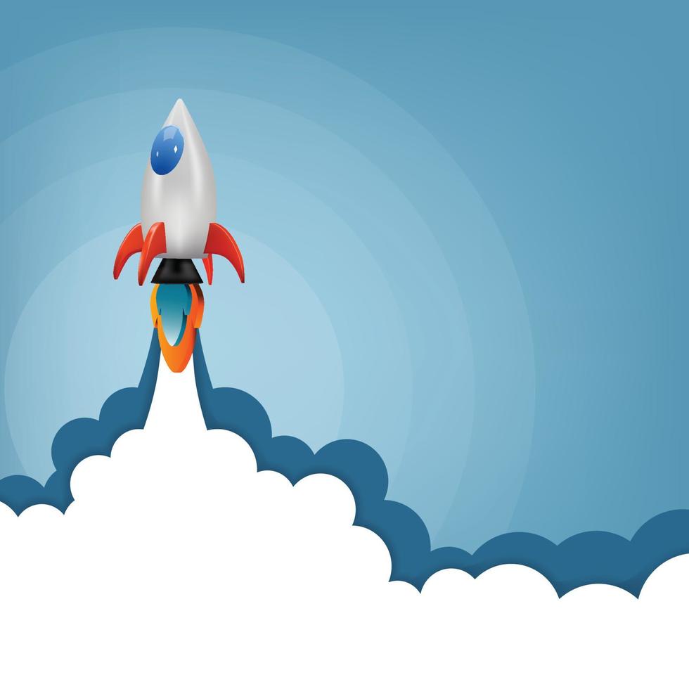 Rocket flying in space, start up concept, design banner template, vector illustration.