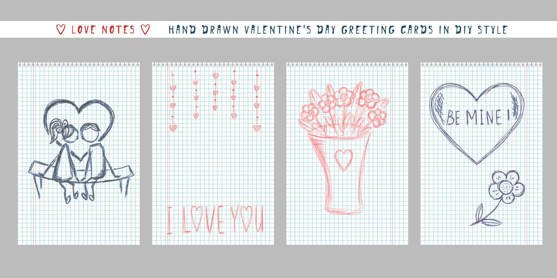 valentine's day greeting card in DIY naive hand drawn style. handwritten love note message on checkered sheet. vertical banner invitation flyer brochure card vector