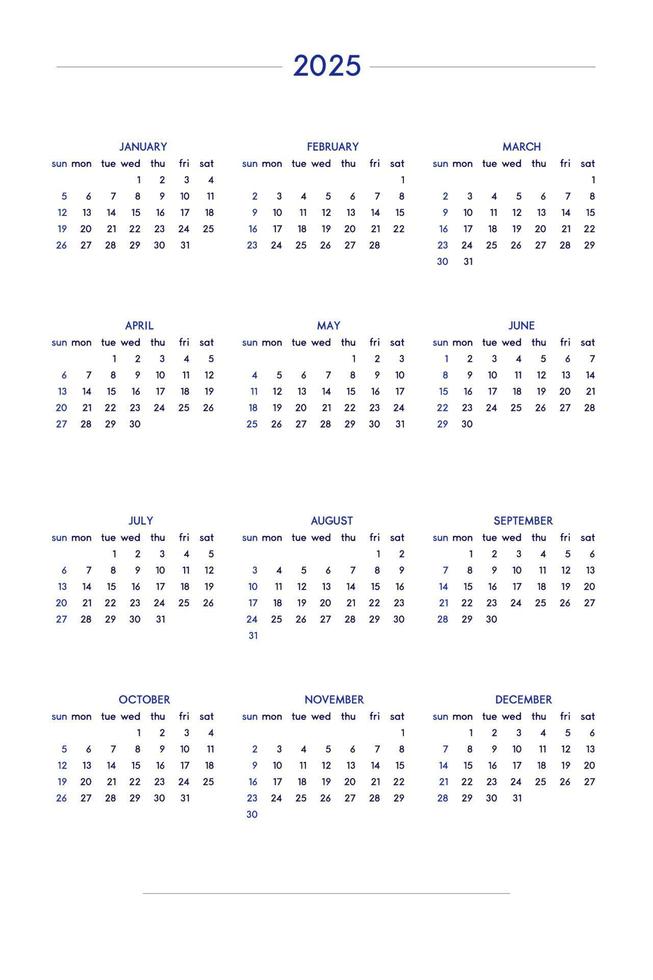 Calendario 2025 ambientado en un estilo estricto clásico. calendario de mesa de pared, diseño de negocio minimalista y restringido para cuaderno y planificador. la semana comienza el domingo vector