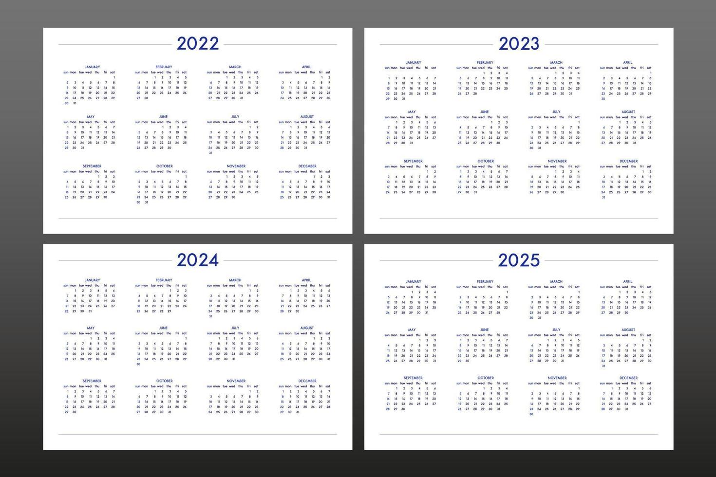 2022 2023 2024 2025 calendar set in classic strict style. wall table calendar schedule, minimal restrained business design for notebook and planner. Week starts on sunday vector