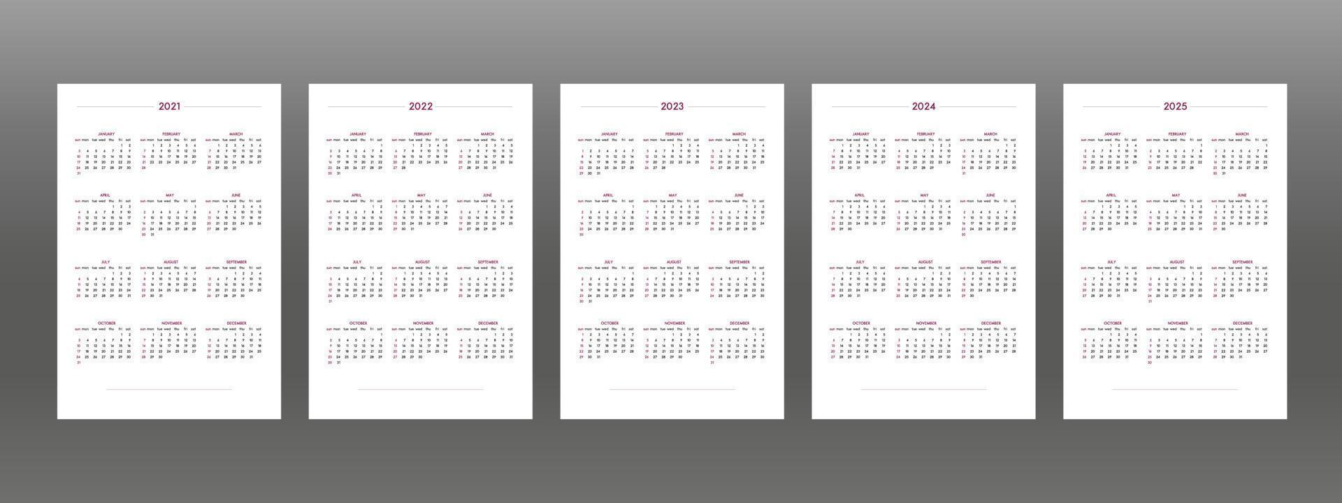 Calendario 2021 2022 2023 2024 2025 con un estilo clásico y estricto. calendario de mesa de pared, diseño de negocio minimalista y restringido para cuaderno y planificador. la semana comienza el domingo vector