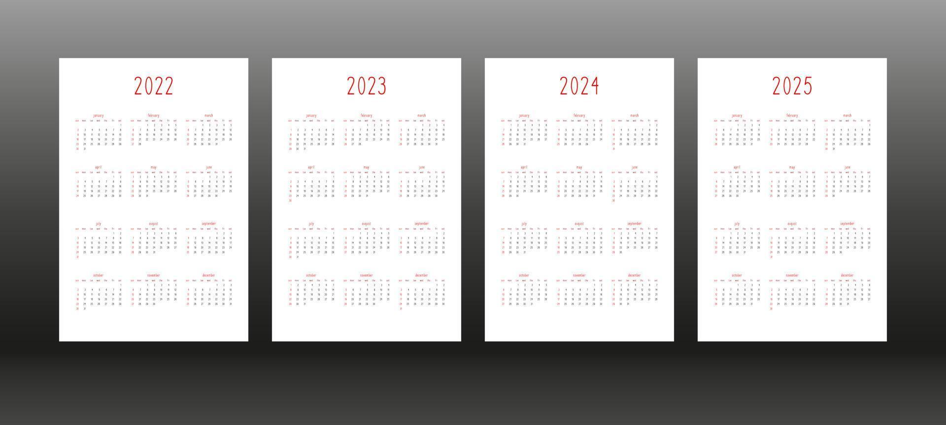 2022 2023 2024 2025 calendario diario semanal mensual plantilla de diario de planificador personal en lindo estilo minimalista. calendario de programación individual para cuadernos. la semana comienza el domingo vector