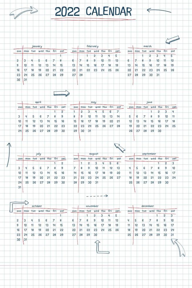 2022 calendar weekly planner and to do list. hand drawn font type text and elements, school note style, checkered notebook sheet with lineart arrows and frames. vector