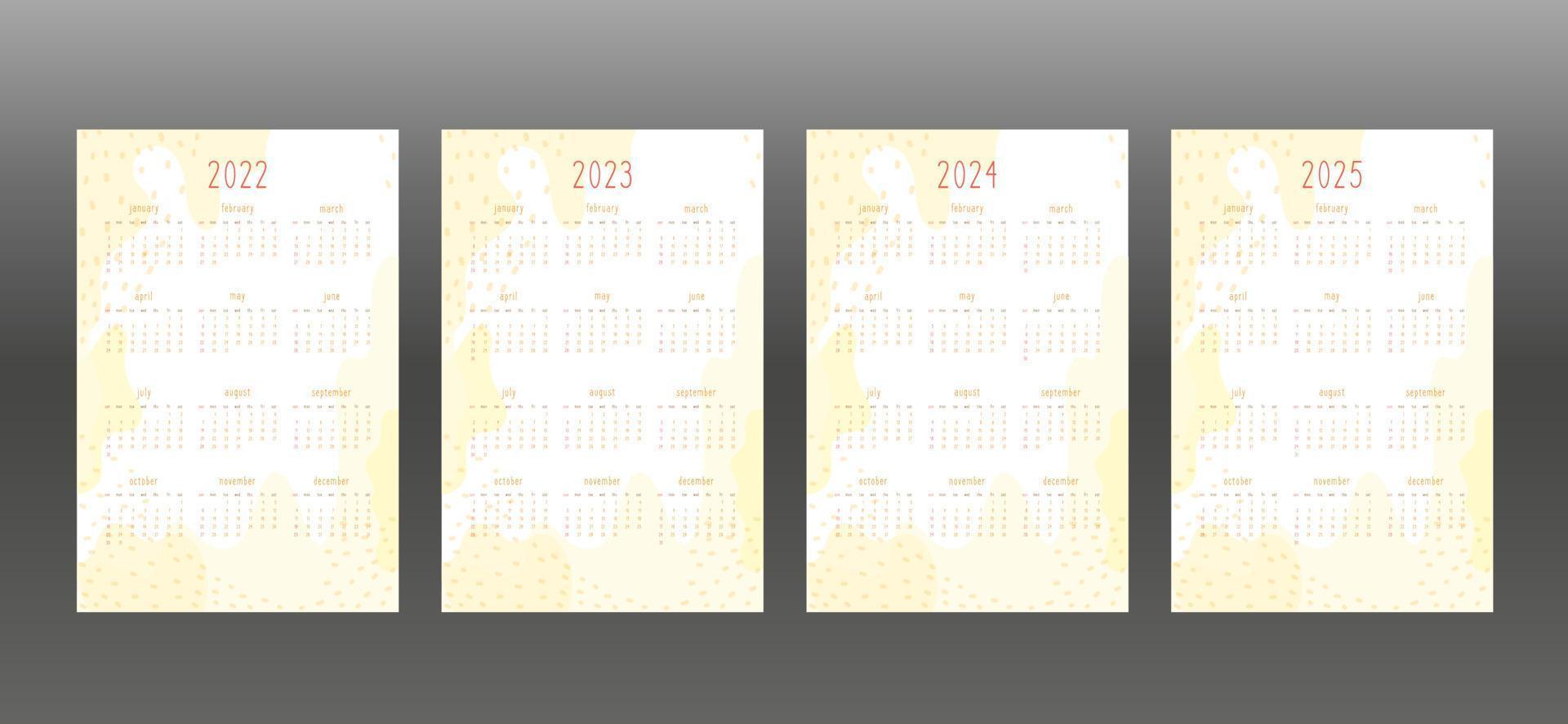 2022 2023 2024 2025 calendario establecido para planificador personal y cuaderno. puntos y puntos abstractos dibujados a mano de color amarillo cálido, delicado estilo tierno y lindo. la semana comienza el domingo vector