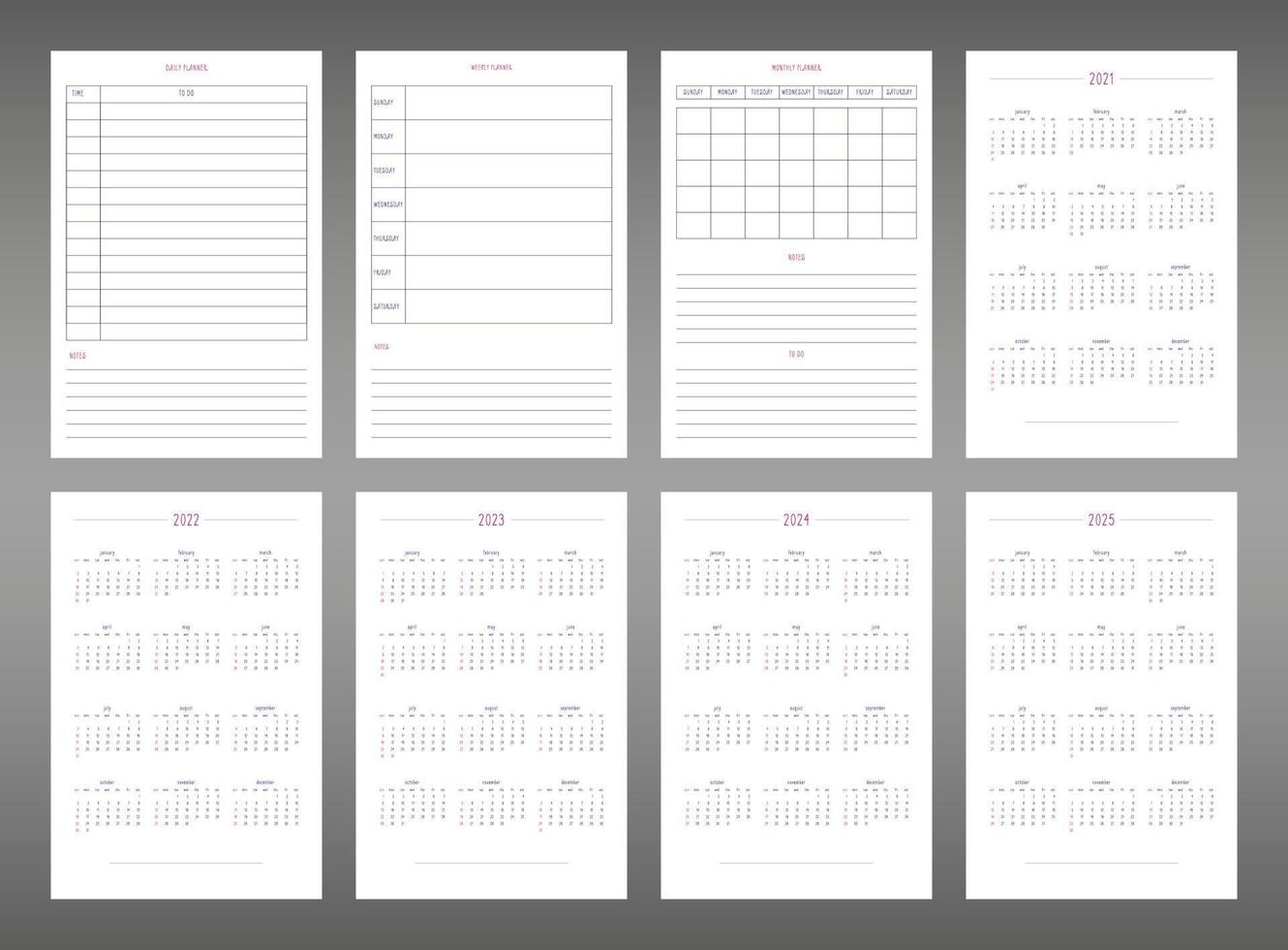 2022 2023 2024 2025 calendar daily weekly monthly personal planner diary template in cute minimalists style. individual schedule calendar for notebooks. Week starts on sunday vector