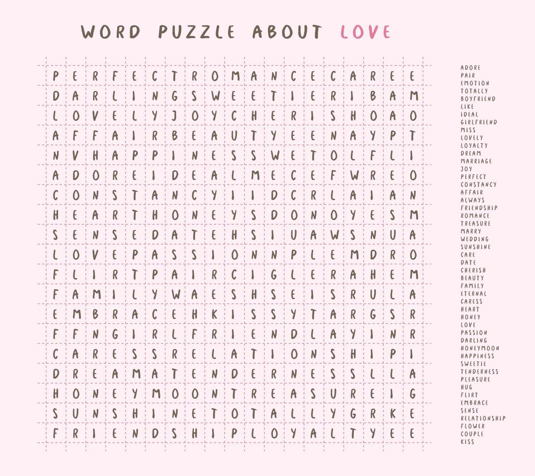 Valentines day word puzzle crossword - find the listed words about love in the brain work puzzle. attentiveness test, riddle game in English. words are located forward and down vector