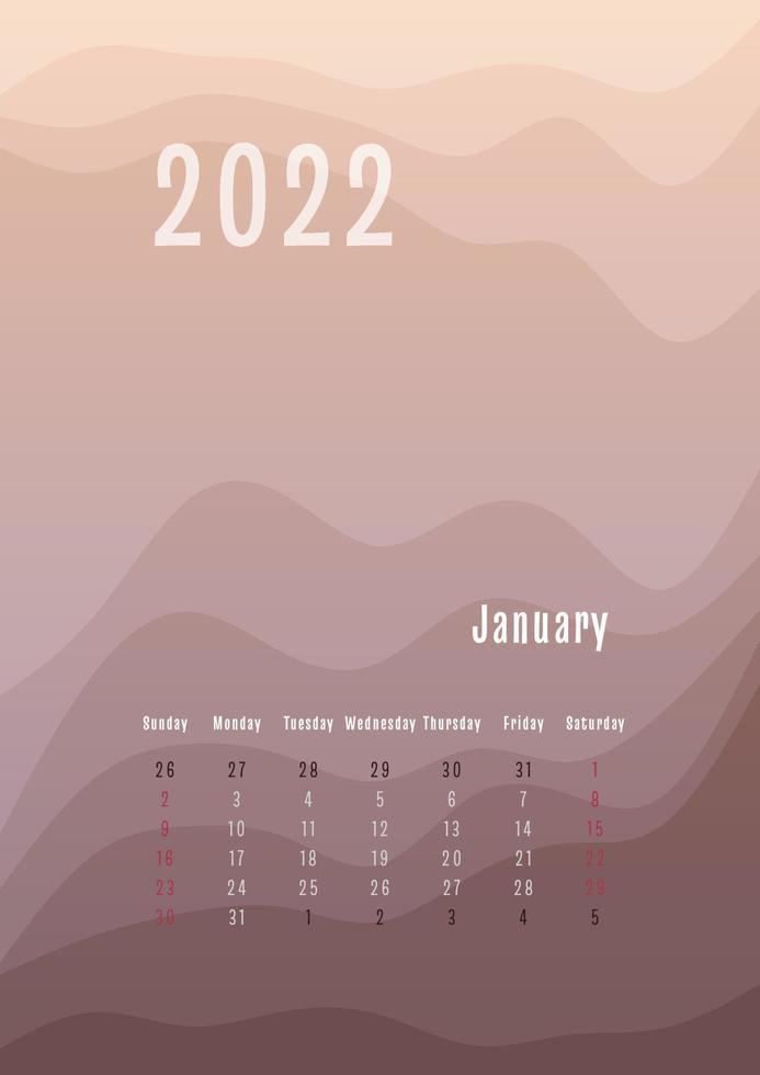 2022 january vertical calendar every month separately. monthly personal planner template. Peak silhouette abstract gradient colorful background, design for print and digital vector