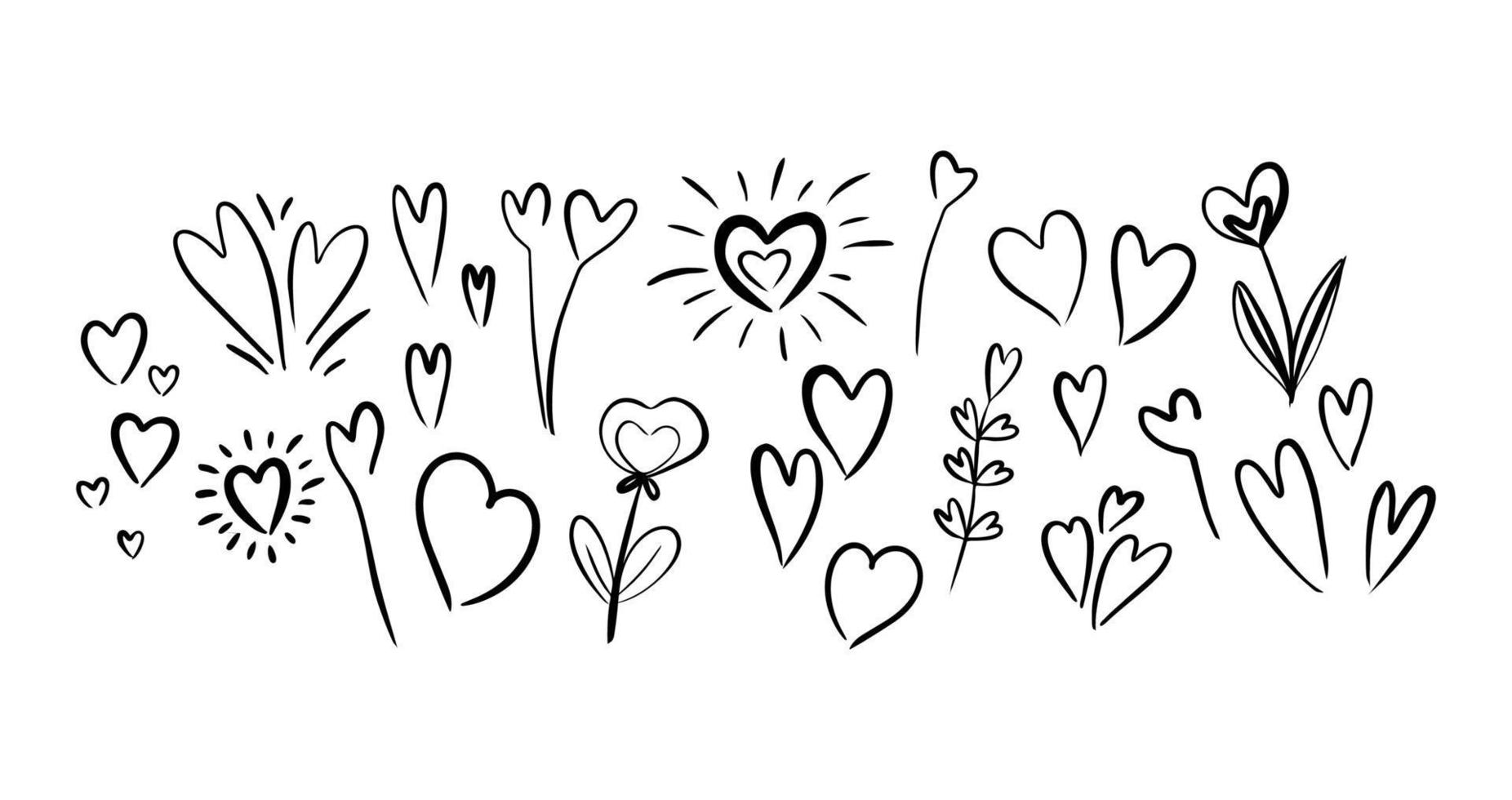 hand drawn hearts and flowers valentine's day elements scribble doodle style vector