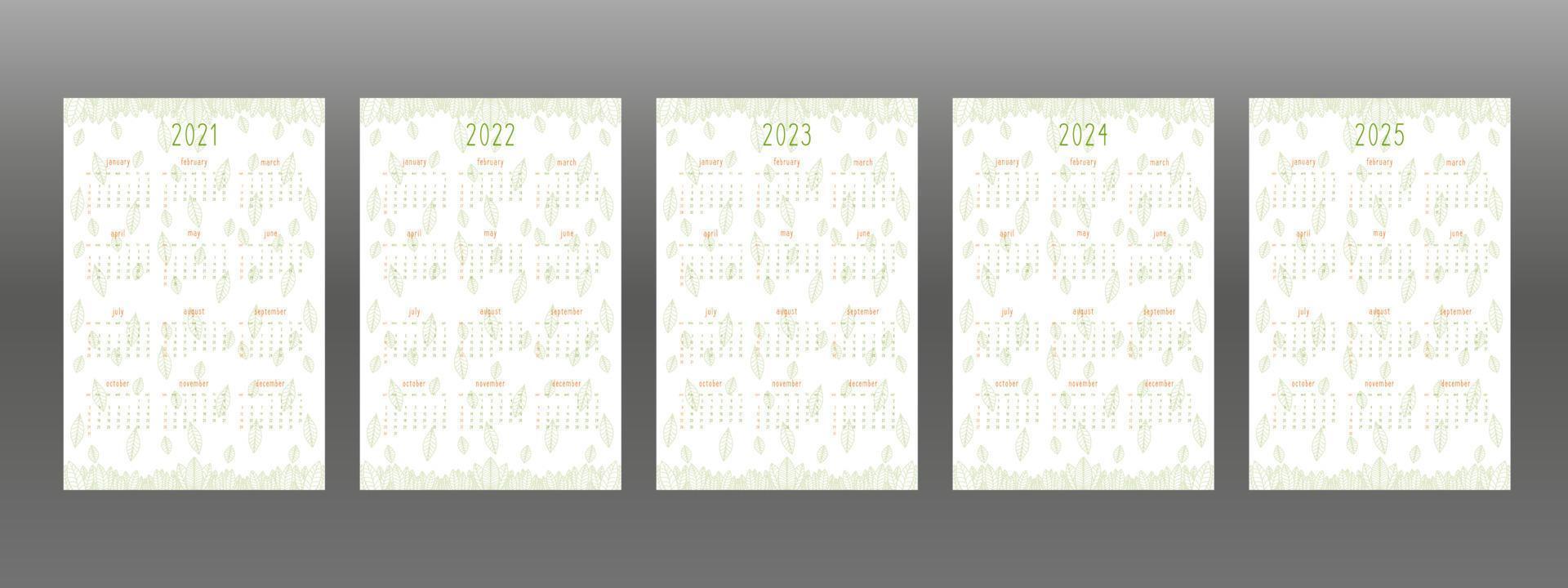 2021 2022 2023 2024 2025 calendar set for personal planner and notebook. Green hand drawn leaves, cute cartoon girly childish eco natural style. Week starts on sunday vector