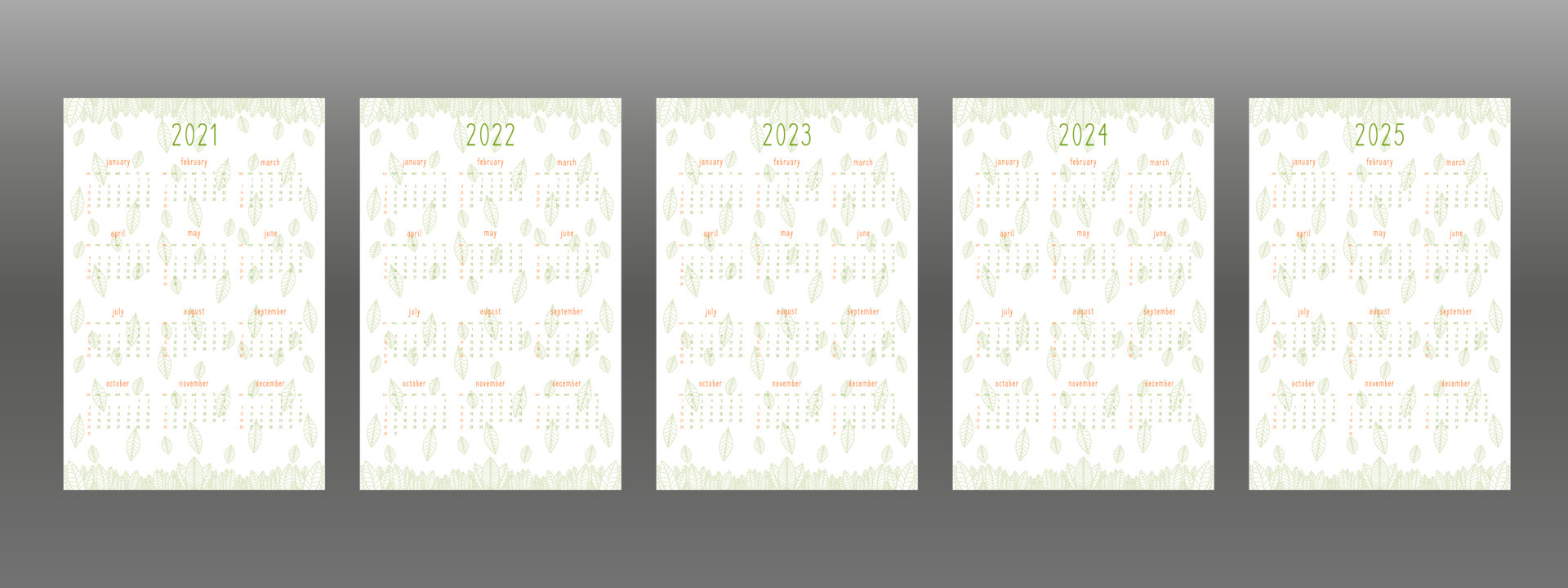 2021 2022 2023 2025 2025 calendar set for personal planner and notebook