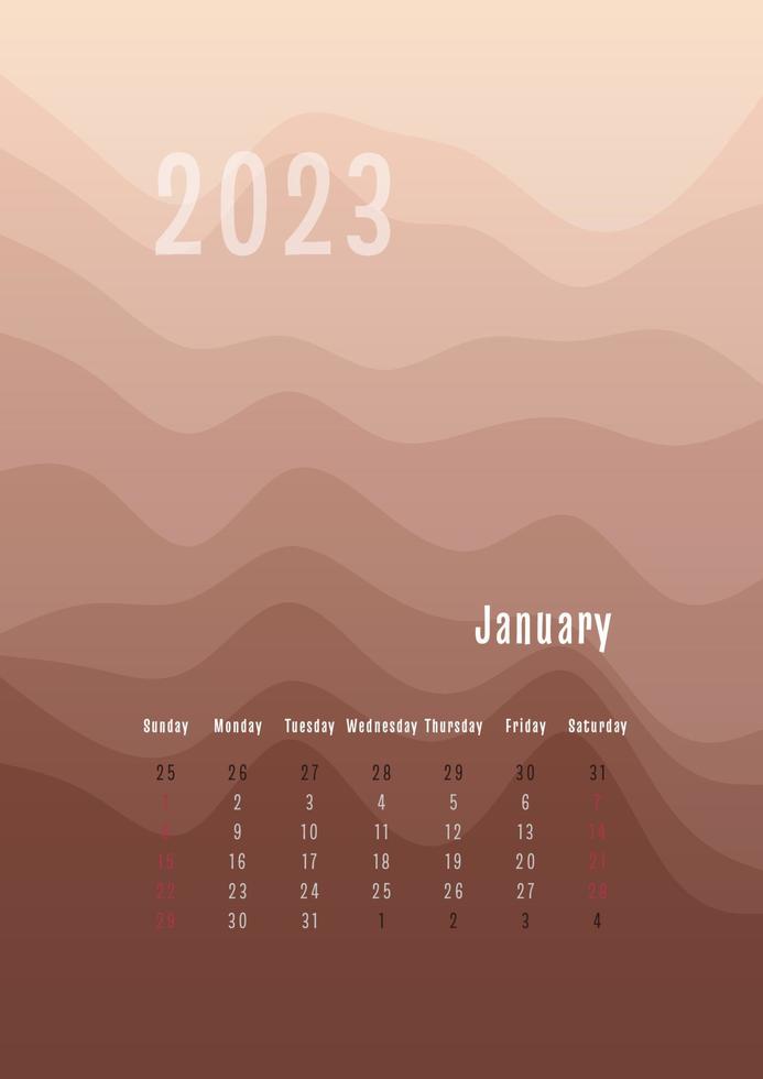 2023 january vertical calendar every month separately. monthly personal planner template. Peak silhouette abstract gradient colorful background, design for print and digital vector