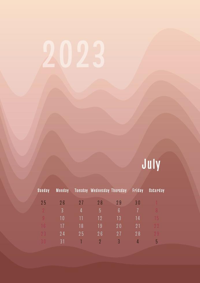 Calendario vertical de julio de 2023 todos los meses por separado. plantilla de planificador personal mensual. pico silueta abstracta fondo colorido degradado, diseño para impresión y digital vector