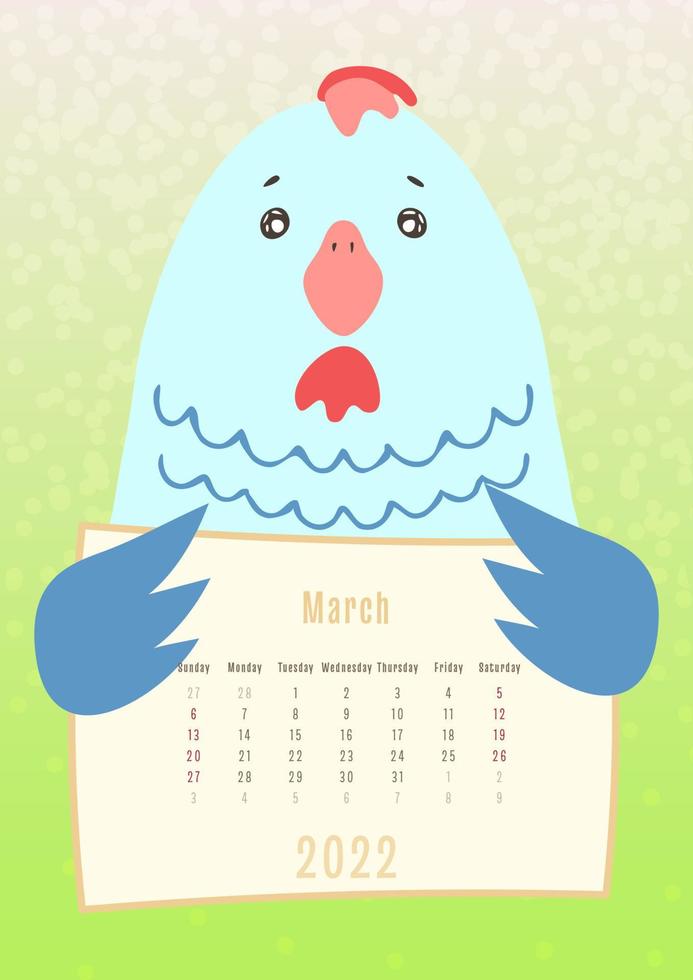 Calendario de marzo de 2022, lindo pájaro pollo sosteniendo una hoja de calendario mensual, estilo infantil dibujado a mano vector