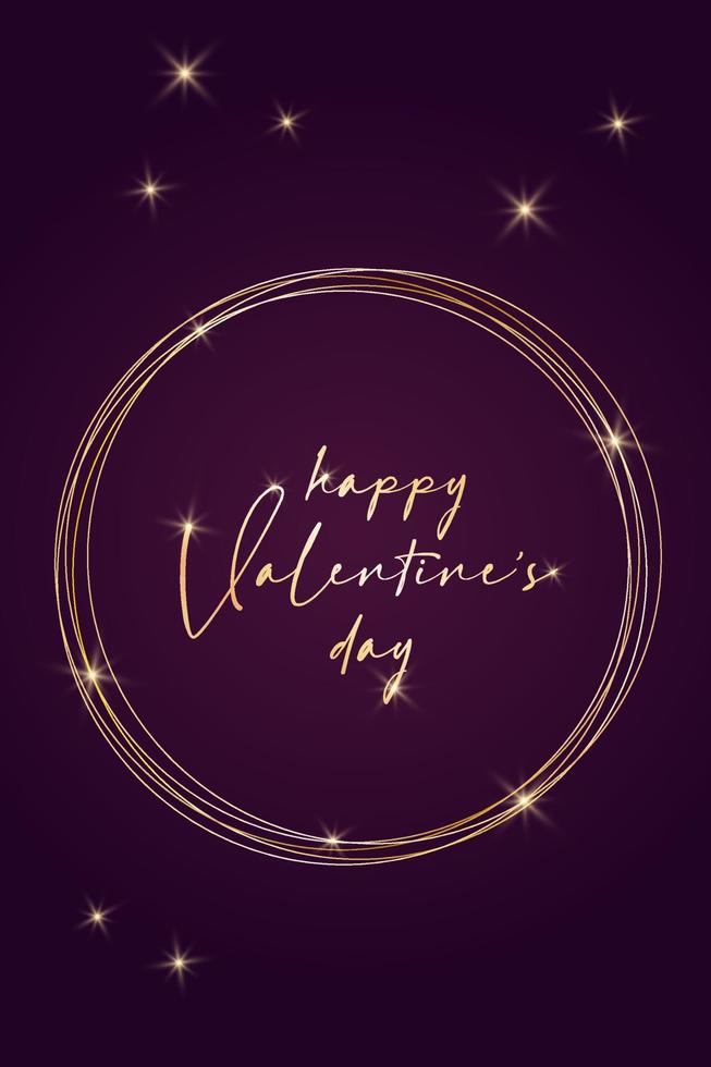 Folleto de volante de invitación de banner de tarjeta de felicitación de San Valentín. estilo rico de lujo púrpura oscuro y dorado. estrellas brillantes en forma de corazón y letras de moda vector
