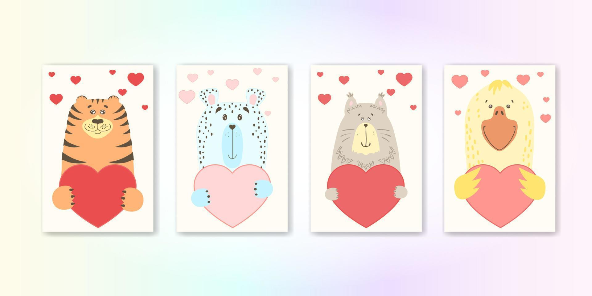 animal de dibujos animados lindo tiene un cartel de corazón con espacio de copia. Establecer folleto de volante de invitación de banner de tarjeta de felicitación de San Valentín. estilo dibujado a mano de dibujos animados. animalitos mascotas enamoradas, declaración de amor vector