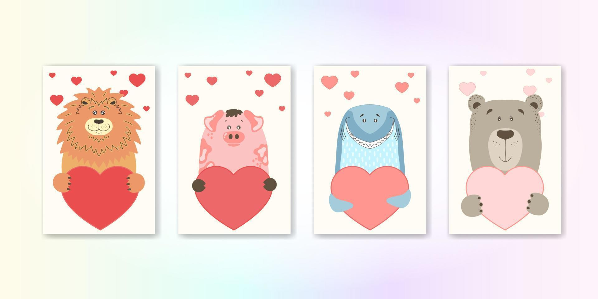 animal de dibujos animados lindo tiene un cartel de corazón con espacio de copia. Establecer folleto de volante de invitación de banner de tarjeta de felicitación de San Valentín. estilo dibujado a mano de dibujos animados. animalitos mascotas enamoradas, declaración de amor vector