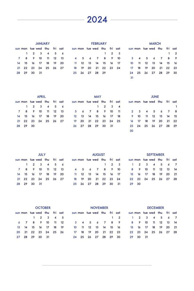 2024 calendar set in classic strict style. wall table calendar schedule, minimal restrained business design for notebook and planner. Week starts on sunday vector